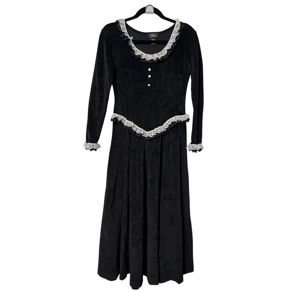 Stone Vintage Black Velour Lace Trim Maxi Dress Long Sleeve Pearl Button M